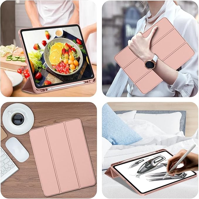 iMieet Case for iPad Pro 11 Inch (M5) 2025 /(M4) 2024 5th Gen, Trifold Stand Smart Cover with Pencil Holder and Soft TPU Back, Auto Wake/Sleep (Rose Gold)