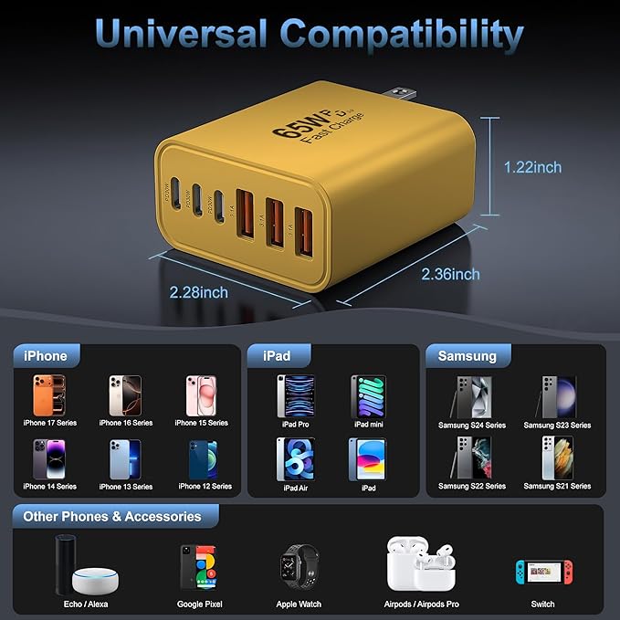 USB C Charger Block,65W 6-Port USBC Charging Block,Wall Charger iPhone Charger Fast Charging,Multiport Type C PD+QC Power Plug for All iPhone 17 16 15 iPad Samsung S23 S24 iWatch Pixel Series (Yellow)