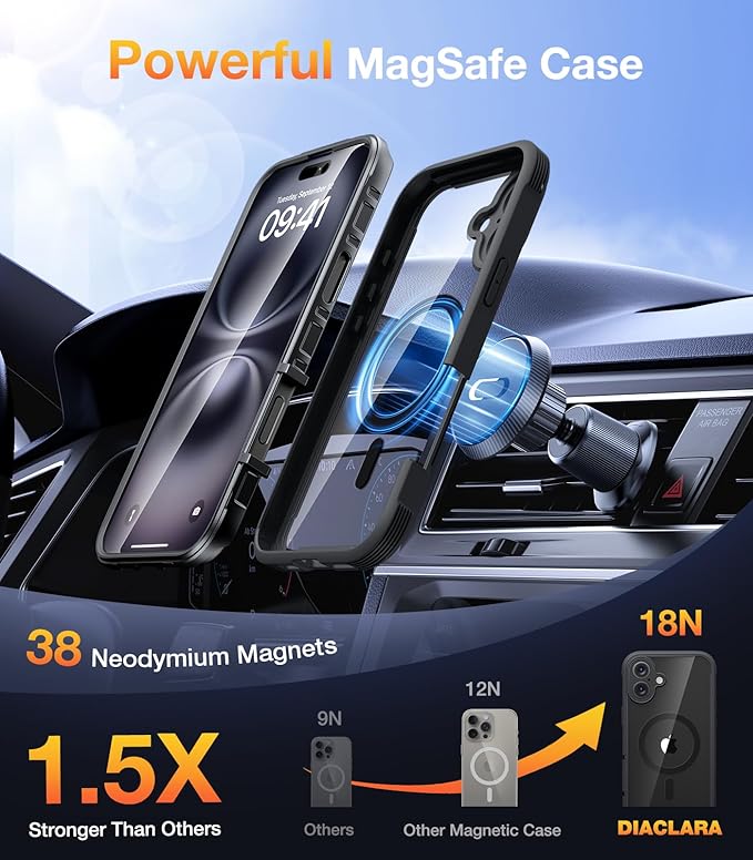 Diaclara Magnetic Designed for iPhone 16 Plus Cases,[Full Camera Protection] Clear Bumper Compatible with MagSafe Built-in Screen Protector,Magnetic Black