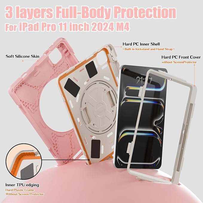 BRAECNstock Kids Case for Apple iPad Pro 11 inch M5 2025/ M4 2024, Shockproof Protective Case with Pencil Holder, 360° Rotating Hand Strap & Stand, Shoulder Strap for iPad Pro 11 M5/M4, Sakura Pink