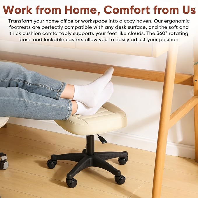 Height Adjustable Foot Stool,550lbs Heavy Duty Large Seat Under Desk Footrest,Swivel Rolling Chair Sturdy Wheels,2 in 1 Ottoman Stool Meeting Chair for Home Office,Creamywhite