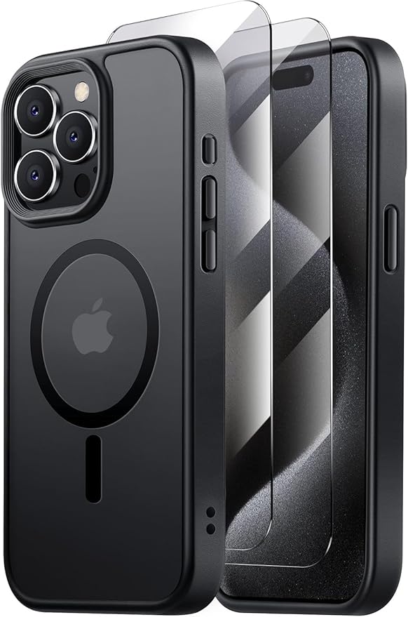 Tigowos for iPhone 15 Pro Max case,Compatible with MagSafe,[15FT Drop Resistant][2 Tempered-Glass Screen Protectors] Matte Skin-Feeling Shockproof case for iPhone 15 Pro Max Cases 6.7"，Matte Black