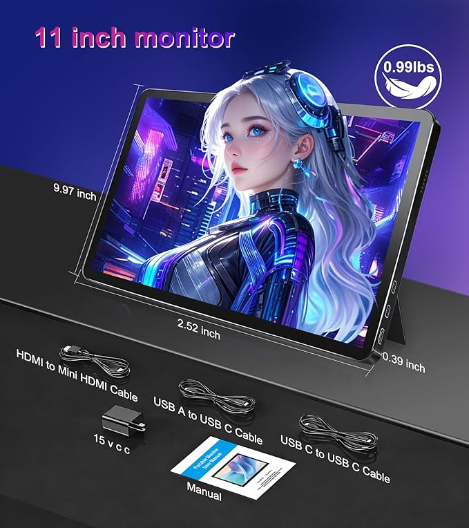 11 inch 2.5K 2560x1600 Portable Touchscreen Monitor 400nits 100% NTSC for PC, Screen Extender IPS Small HDR Touch Screen USB-C HDMI Monitor, Mini Computer Display for Laptop Mac PS4 Xbox