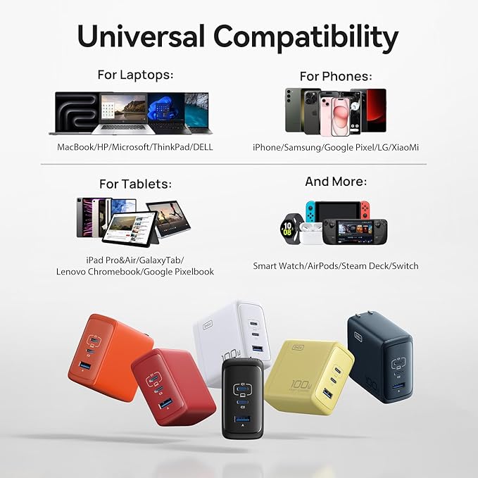 INIU USB C Charger Block, 100W GaN Fast Charging, 3-Port Compact Foldable Travel Laptop Charger with Type C Cable, Power Adapter for Mac Book Air Pro 15 14, iPhone 17 16 Pro Max Samsung S26 S25 Ultra