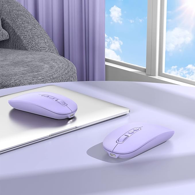 RAPIQUE Bluetooth Wireless Mouse, Rechargeable Multi-Device(Tri-Mode: BT1/BT2+2.4G) Computer Mice with USB Receiver, Slim Silent Mouse for Laptop/MacBook/Chromebook/Surface Pro/iPad Pro(Purple)