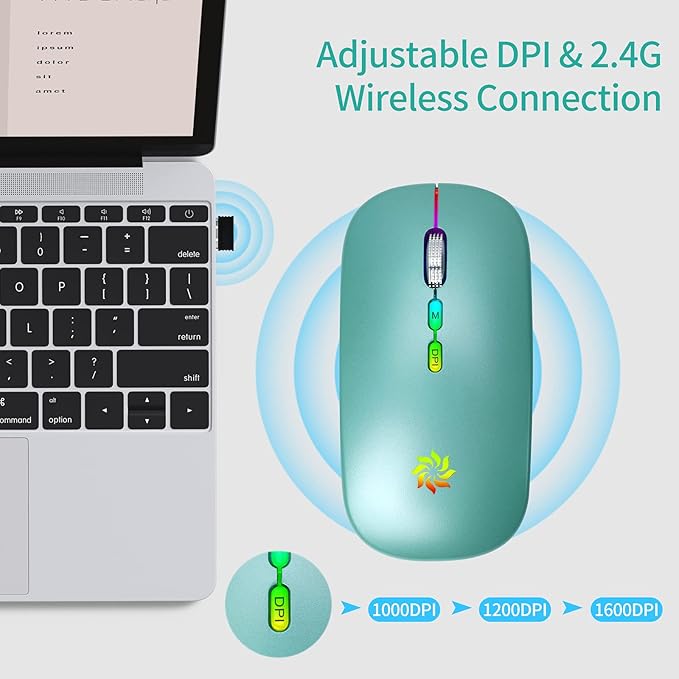 KBCASE Wireless Mouse, LED Wireless Mouse for Laptop, Slim Silent Mouse 2.4G Rechargeable Wireless Computer Mouse for Laptop, MacBook, iPad, Chromebook, with USB & Type-c Receiver
