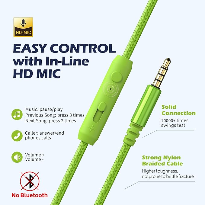 AILIHEN C8 Headphones Wired, On-Ear Headphones with Microphone and Volume Control, Corded 3.5mm Headset for Boys Girl School Smartphones Chromebook Laptop Computer Tablets Airplane Travel (Blue Green)