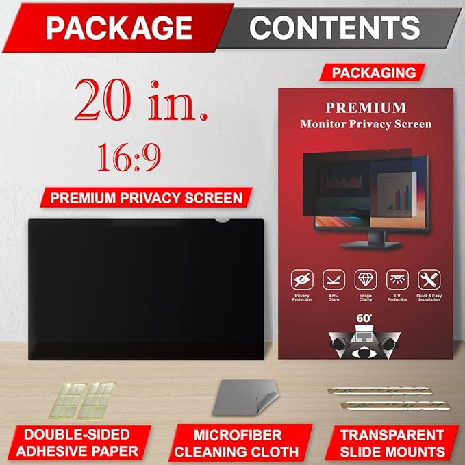 20 Inch Privacy Screen Filter for Widescreen 16:9 Monitor | Privacy Shield | Anti-Glare | Anti-Blue light Protector | Eye Protection | Computer Security Private Filter