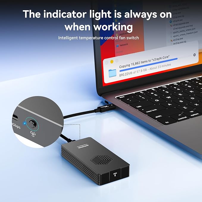 ANYOYO 80Gbps M.2 NVMe SSD Enclosure with Cooling Fan, Aluminium Alloy Enclosure Compatible with Thunderbolt 5/4/3/USB4, Support M/B+M Key SSD, Tool-Free Installation