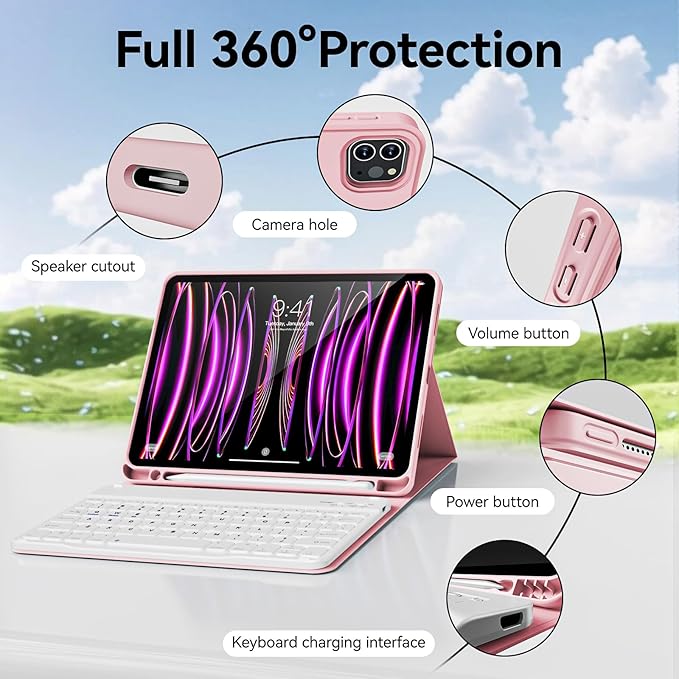 Keyboard Case for iPad Pro 11 Inch 4th Generation/Pro 3rd Gen/Pro 2nd Gen with Pencil Holder, Folio Detachable Wireless Bluetooth Keyboard & Flip Stand Case for iPad Pro 11 Inch, Pink