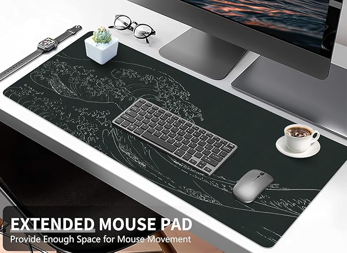 Japanese Gaming Mouse Pad Abstract Black Mouse Pad Clearance Overstock Limited Stock Discontinued Size 31.5x11.8 Inch Black Sea Wave Texture Non-Slip Keyboard Mouse Mat