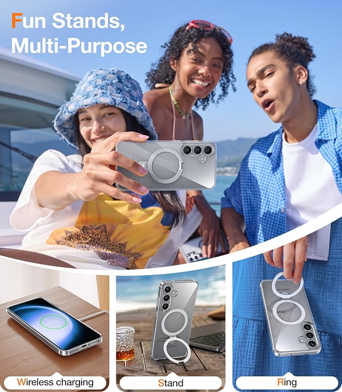 TORRAS Magnetic Stand for Samsung Galaxy S25 Case, [Compatible with MagSafe] [Military Grade Drop Tested] Shockproof Ring Translucent Slim Protective Phone Case for S25 Case Ostand, Clear