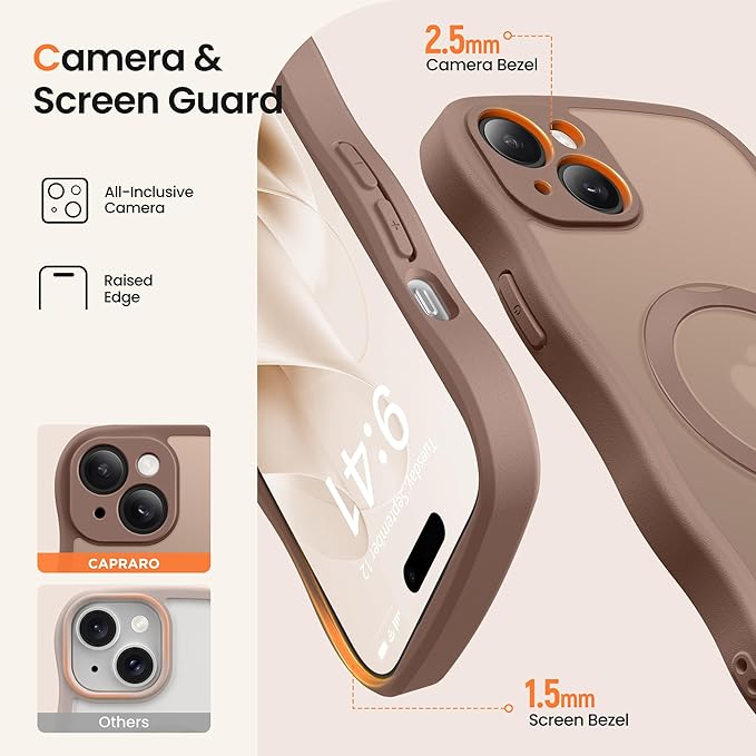 CAPRARO for iPhone 15 Case with 360° Spin Magnetic Stand for Women, [Compatible with MagSafe] [Full Camera Protection] Cute Wave Translucent Matte Case for iPhone 15, Brown