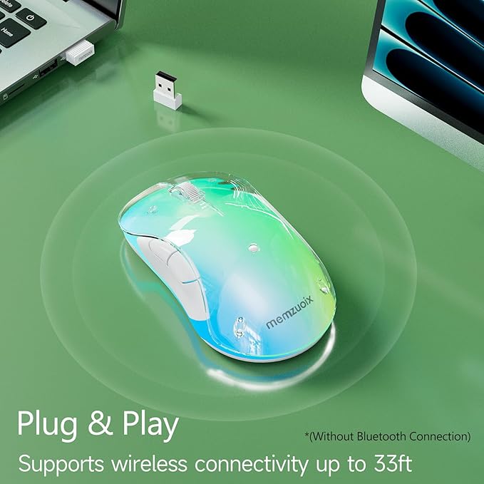 memzuoix 2.4G Wireless Mouse with Customizable Cover & 9-Color LED - Rechargeable Ergonomic, 1400 DPI, 5 Buttons, USB Receiver for PC/Mac - Green