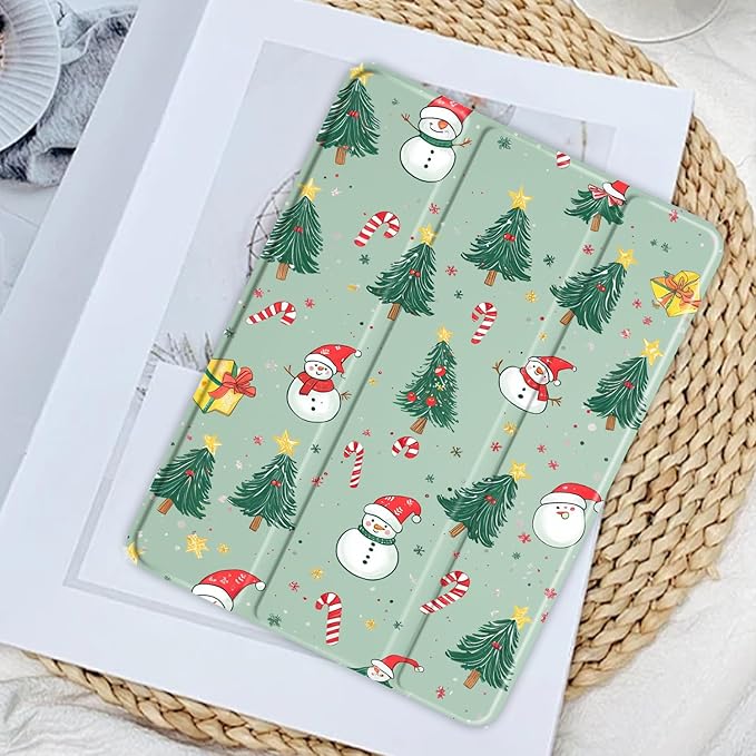 JOYLAND Lovely Christmas Snowman Case for iPad Air 11 Inch M3(2025) / M2(2024), iPad Air 5th(2022) / 4th (2020) Gen 10.9 Inch, Clear Hard Back Green Case with Pencil Holder Trifold Stand Tablet Cover