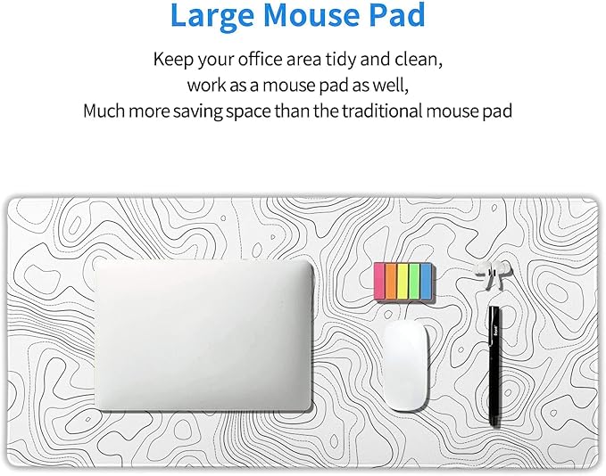 Topographic Map Large Mouse Pad XXL White Lines Contour Geographic Extended Desk Mat Big 90X40 CM Non-Slip Rubber Base Stitched Edge Long Mousepad,35.4 x 15.7 Inch