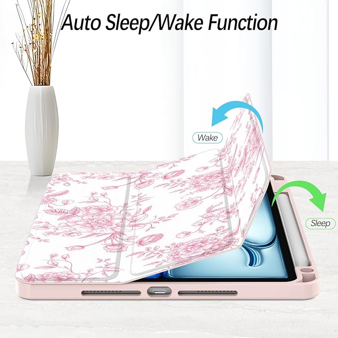 Case for iPad 9th / 8th / 7th Generation (2021/2020/2019) 10.2 inch, Case with Pencil Holder, Stand Clear Back Cover Cute Cool Design for Women Girls, Auto Sleep/Wake, Artistic Flower