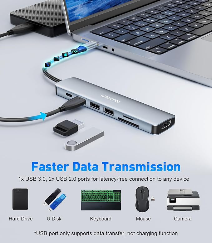 UANTIN USB C Hub 7 in 1 Multiport Adapter with 4K HDMI Dongle, 100W PD, SD/TF Card Reader, 3 USB-A, USBC Docking Station for MacBook Mac Pro/Air, Dell, HP, ASUS, Acer and Other Type C Laptops