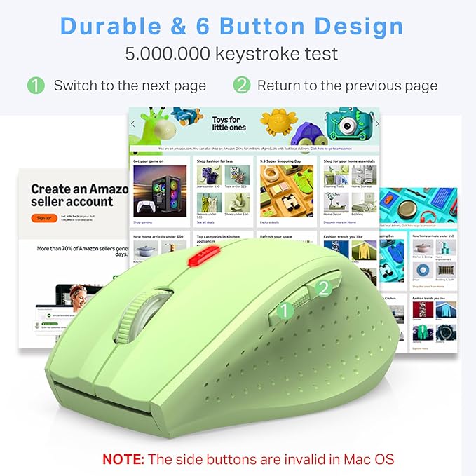 E-YOOSO Wireless Mouse for Laptop, Portable Optical Computer Mouse, 6 Buttons, Cordless 2.4GHz with USB Receiver, 5-Level 4800 DPI, 18 Months Battery Life, for PC Chromebook Windows Mac (Light Green)