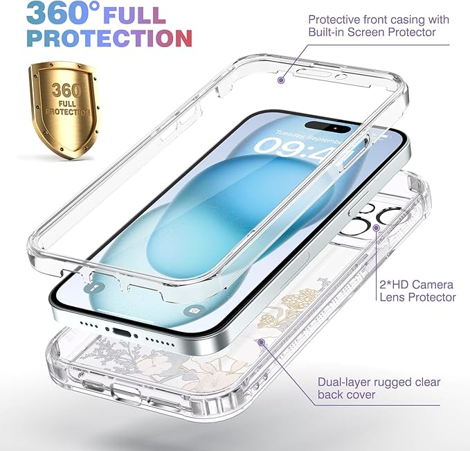 Diaclara Designed for iPhone 15 Case, Full Body Rugged Case with Built-in Touch Sensitive Anti-Scratch Screen Protector, with Camera Lens Protector for iPhone 15 6.1" (Lily) Butterfly