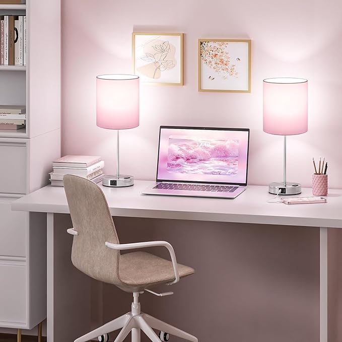 Pink Touch Lamps for Nightstand Set of 2 - Bedside Table Lamp for Bedroom with Dual USB Ports & AC Outlet, 3-Way Dimmable Lamps for Living Room Boys Room, Night Light with 5000K Daylight Bulbs