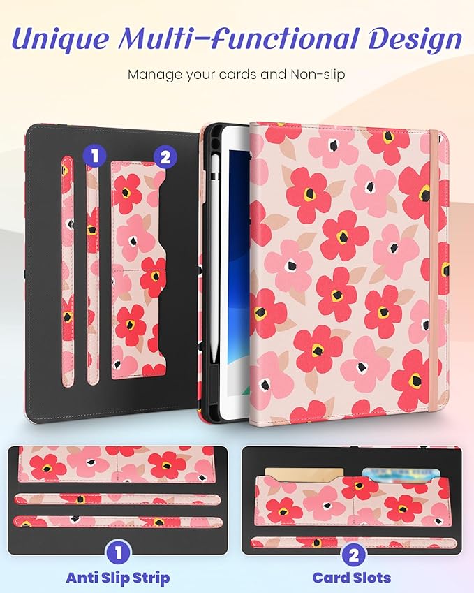 Kidcube for iPad 9th/8th/7th Generation Case 10.2 Inch - for Women Girls Cute Rotating Stand Folio Cover with Pencil Holder & Card Slot Girly Kawaii Floral Flower Design for iPad 9th/8th/7th Gen Cases
