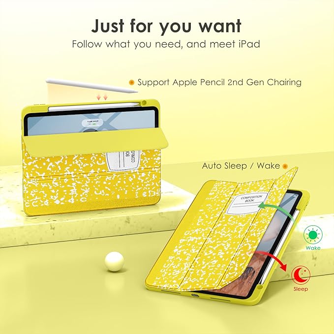 VIKESI for iPad Pro 11 Inch 4th/3rd/2nd/1st Generation Case, iPad Air 11-inch / 5th / 4th Generation Case with Clear Back,Pencil Holder,Auto Sleep/Wake,Camera Protection,Yellow Book