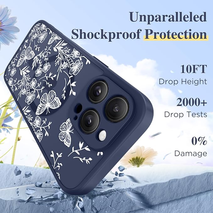 GVIEWIN for iPhone 16 Pro Case Compatible with MagSafe, [Military Grade Protection] [Screen Protector] Full Camera Protection Floral Translucent Women Magnetic Phone Case, Tuberose/Blue