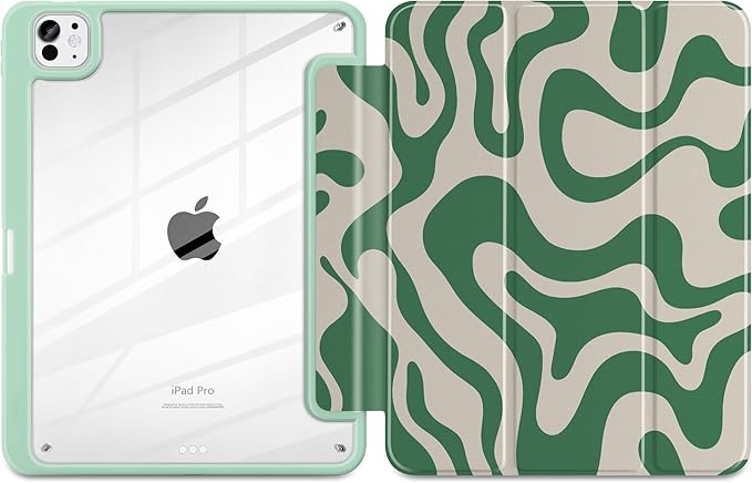 TWOLSKOO Case for iPad Pro 11-inch (M5 2025 / M4 2024), Clear Acrylic Back with TPU Bumper, Pencil Holder, Trifold Stand, Auto Sleep/Wake, Green Waves