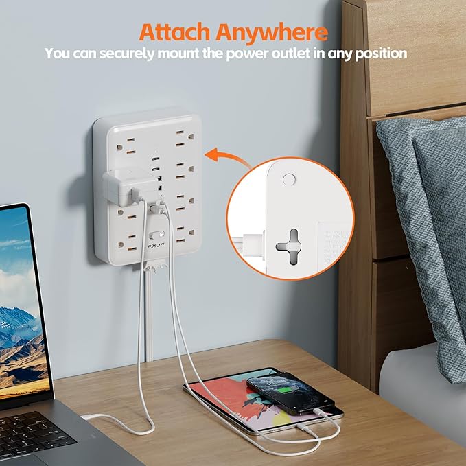 Extension Cord Flat Wall Plug with Surge Protector & 8 Outlets 6 USB Ports – 15A 1875W Power Strip for Home Office Dorm Room – 10ft Flat Cord in White – MCSCN