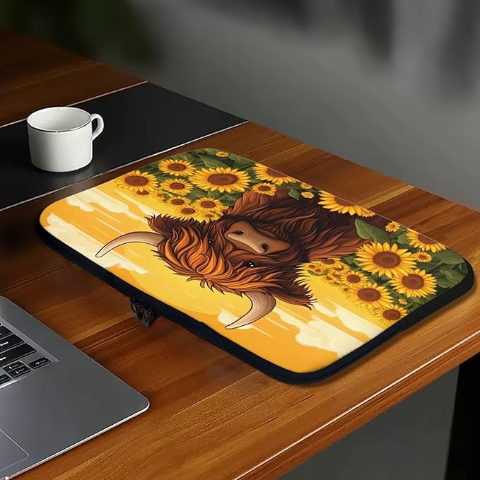 Highland Cow Laptop Protective Sleeve for Women 15inch Computer Sleeve Bag Sunflower Portable Lap Top Case Suitable for Travel School Office Neatly Organizers Brown