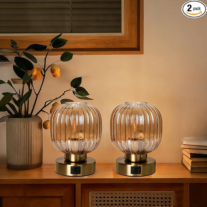Elenhome Touch Control Small Table Lamp Set of 2, Elegant Gold Glass Bedside Lamp 3 Way Dimmable with USB C+A Charging Ports - Bedroom Nightstand & Living Room Essential, 4W Bulb Included