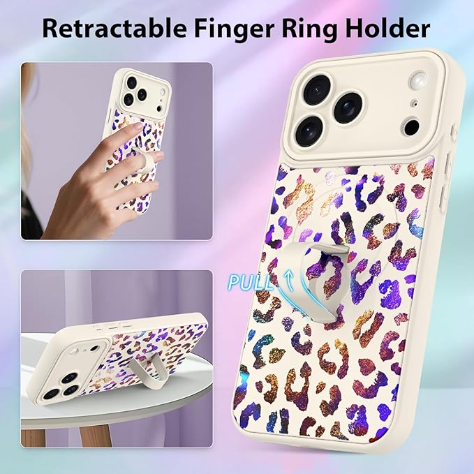 KANGHAR Compatible with iPhone 17 Pro Max Case, Support for MagSafe, Silicone Cute Iridescent Leopard Cheetah Pattern, Wristband Kickstand Shockproof Protective Slim Cover for Women Girls, White