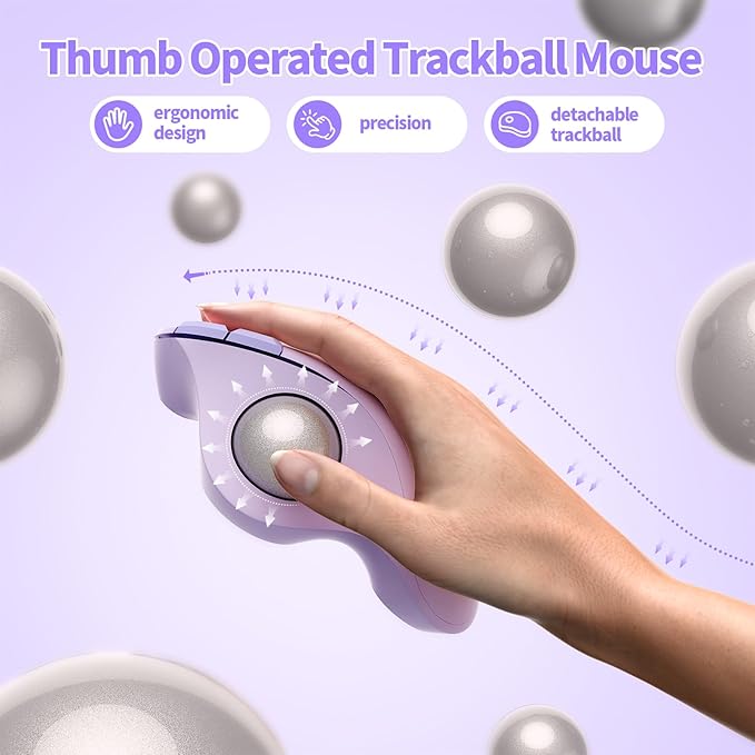 seenda Wireless Trackball Mouse, Ergonomic Bluetooth Rollerball Mouse Rechargeable, 3 Device Connection Optical Mice Adjustable DPI Thumb Control Mice Compatible for PC/Laptop/Windows - Light Purple