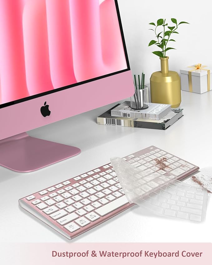 FENIFOX Wireless Keyboard, Bluetooth & 2.4G USB & USB-C Rechargeable Silent Ultra Quiet Low Profile Compact Full Size with Number Pad Soft Multi Device for Mac MacBook Windows PC - Pink & Rose Gold