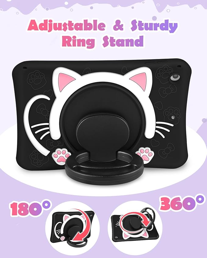 Wazzasoft for iPad 9th/8th/7th Generation Case 10.2 Inch Girls Cute Black Cat Cover Kawaii Girly Cartoon with Rotating Handle Stand & Strap Soft Silicone Funda for Apple iPad Cases 9th/8th/7th Gen