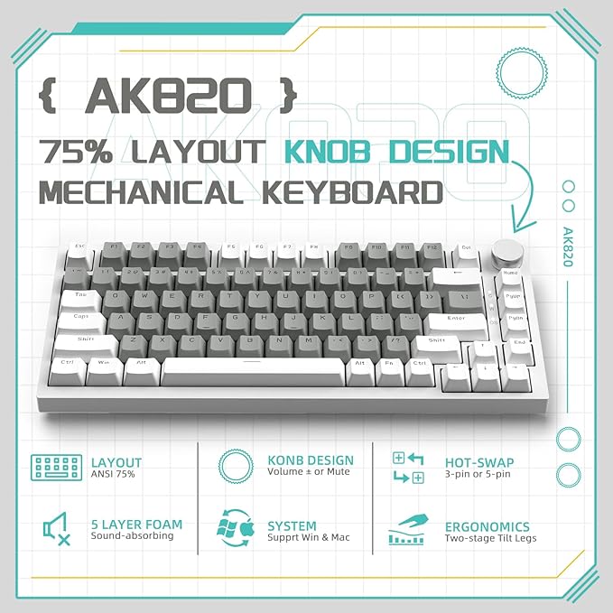Attack Shark ajazz AK820 75% Mechanical Gaming Keyboard with Knob Hot Swappable Custom Gasket Mounted Keyboard USB-C Wired White LED Linear HP Red Switch for PC/Win/Mac
