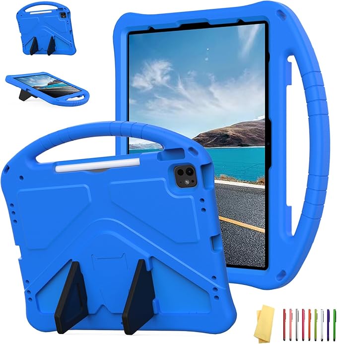 for iPad Pro 12.9 inch Kids Case 6th/5th/4th/3rd Generation (2022/2021/2020/2018) with Kickstand/Pencil Holder/Handle Stand Lightweight Soft EVA Shockproof Heavy Duty Protective Cover, Blue