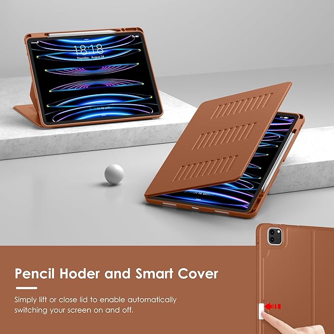 VIKESI Case for iPad Pro 12.9 6th / 5th / 4th / 3rd Generation Case 2022/2021/2020/2018,Multiple Angles Magnetic Stand Cover,Shockproof Soft Back,Pencil Holder,and Auto Sleep/Wake,Brown