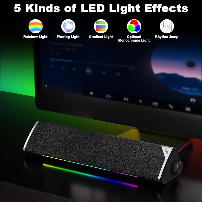 SOULION Computer Speakers, USB-Powered Bluetooth PC Soundbar with Dynamic RGB LED Lights, Surround Sound for Desktop, Laptop, Office, Work, Music & Gaming, Black (USB-C to USB Adapter Included)