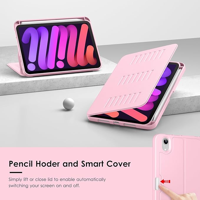 VIKESI Case for iPad mini 7 (A17 Pro) and iPad mini 6,Multiple Angles Magnetic Stand Cover,Shockproof Soft Back,Pencil Holder,and Auto Sleep/Wake,Pink