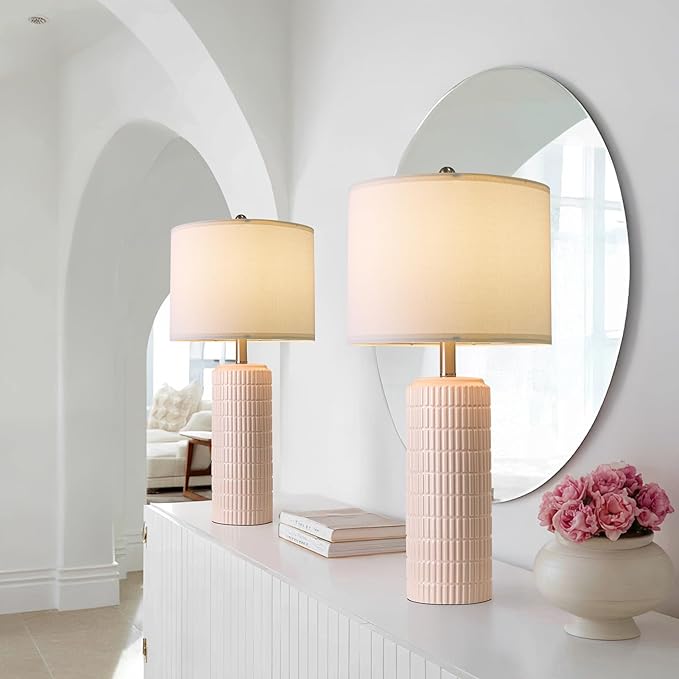 PoKat 27.5" Pink Ceramic Table Lamps for Girls Room Set of 2, Modern Bedroom Lamps, Bedside Lamps for Night Stands Living Room, Cute Lamps Pink Decor, Nightstands Desk Nursery