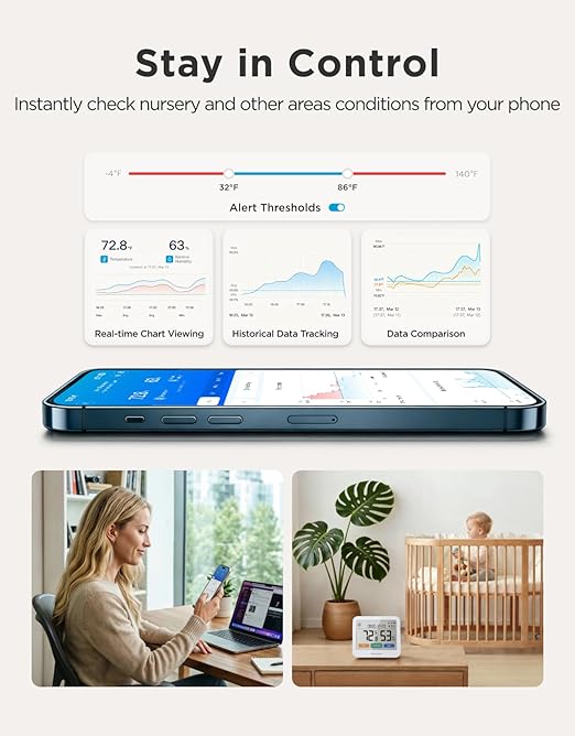 GoveeLife Bluetooth Thermometer Hygrometer, Temperature and Humidity Monitor with App Notifications, Large LCD Display, Indoor Thermometer for Home Baby Room Greenhouse 1-Pack