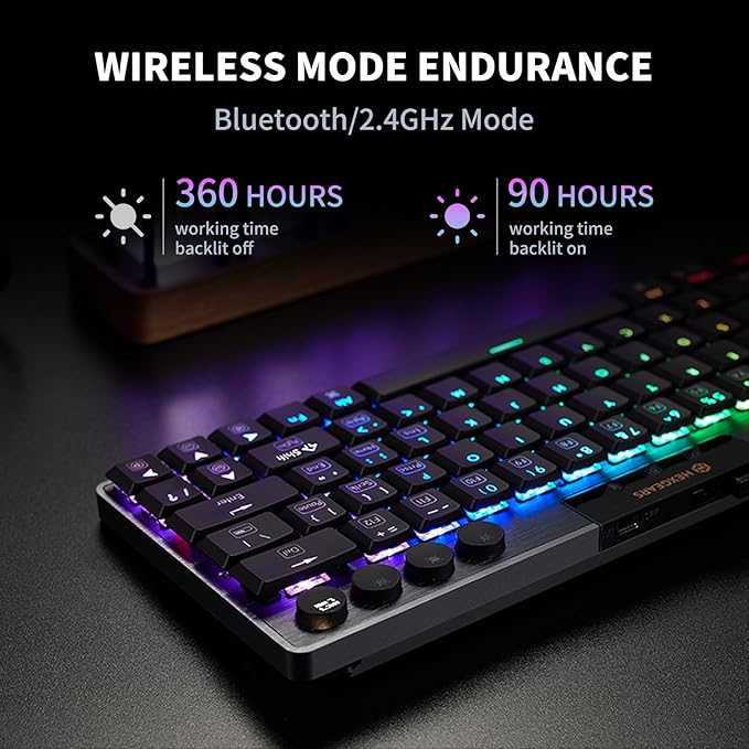 Hexgears A1 Low Profile Wireless Mechanical Keyboard - 60% Compact TKL, Bluetooth 5.0/2.4GHz/Wired USB C Hot Swappable Clicky Switch, RGB Backlit Mini Portable Gaming Keyboard Aluminum for PC/MAC