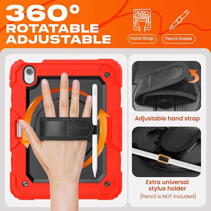 SEYMAC stock Case for iPad Air 11-inch M4-M2 2026-2024 (Gen 8-6), Shockproof Heavy Duty Case with Screen Protector, Pencil Holder, Rotating Stand, Hand Strap, Shoulder Strap, Red