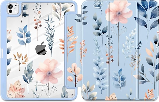 Case for iPad Pro 13 inch (M5) 2025 (M4) 2024 Release Slim Lightweight Cute Light Blue Cover with Clear Back TPU Edge Pencil Holder Trifold Stand, Hand-Drawn Leaves
