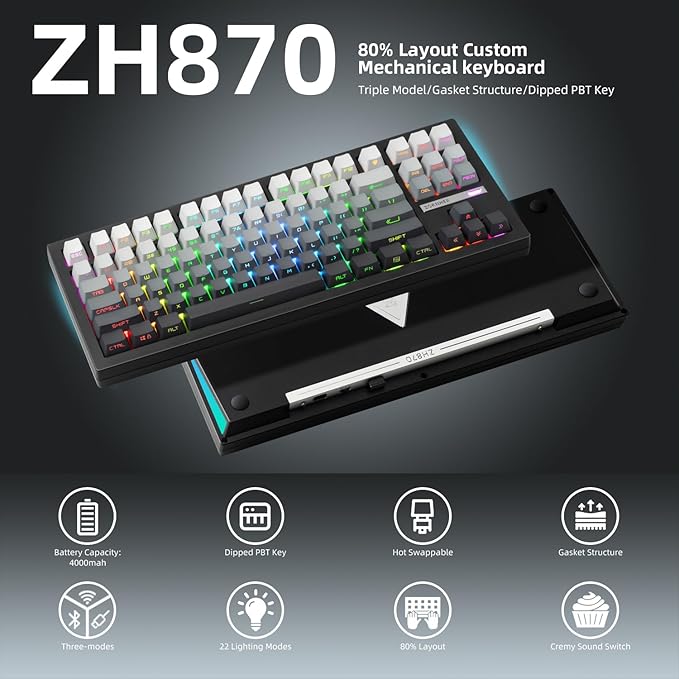 ZORNHER ZH870 Wireless Mechanical Gaming Keyboard,80% Black Custom Creamy Sound Keyboard with Shine Through PBT Keycaps,Pre-lubed Linear Switches,Hot-Swappable,RGB Backlit,2.4GHz/USB-C/BT5.0