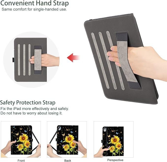 for iPad (A16) 11Th/10Th Generation Case 2025/2022, for iPad Case 11Th/10Th Generation, 10Th/11Th Gen iPadCase Cover Pencil Holder/Hand Strap/Pocket/Adjustable Stand, Butterfly Sunflower