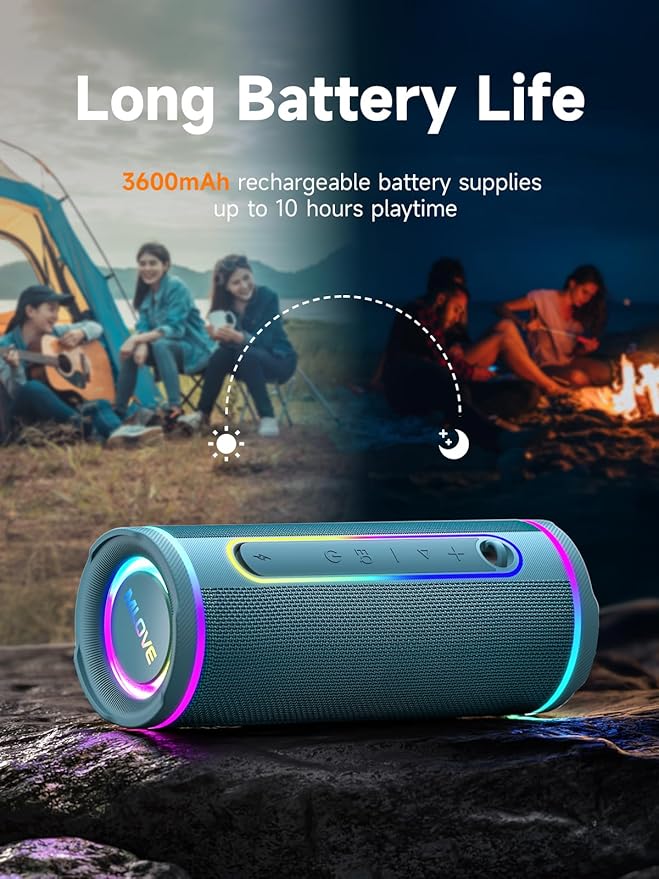 MLOVE E80 Speakers Bluetooth Wireless, Portable Bluetooth Speaker with Aux Input, Micro SD Card Slot, Bass Boost, Dual Pairing, Lights, IPX7 Waterproof, BT5.4 for Outdoor, Travel, Car, TV, 30W, Blue