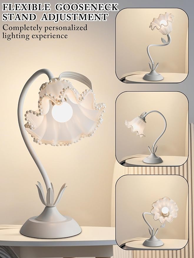 AQDZCNF Flower Table Lamp,LED Reading Light Bedside Vintage Flower Night Light,3 Colors Modes Kawaii Bedside Lamps Decor,Living Room Bedroom Room Lighting Table Lamps Home Decoration (White Pearls)